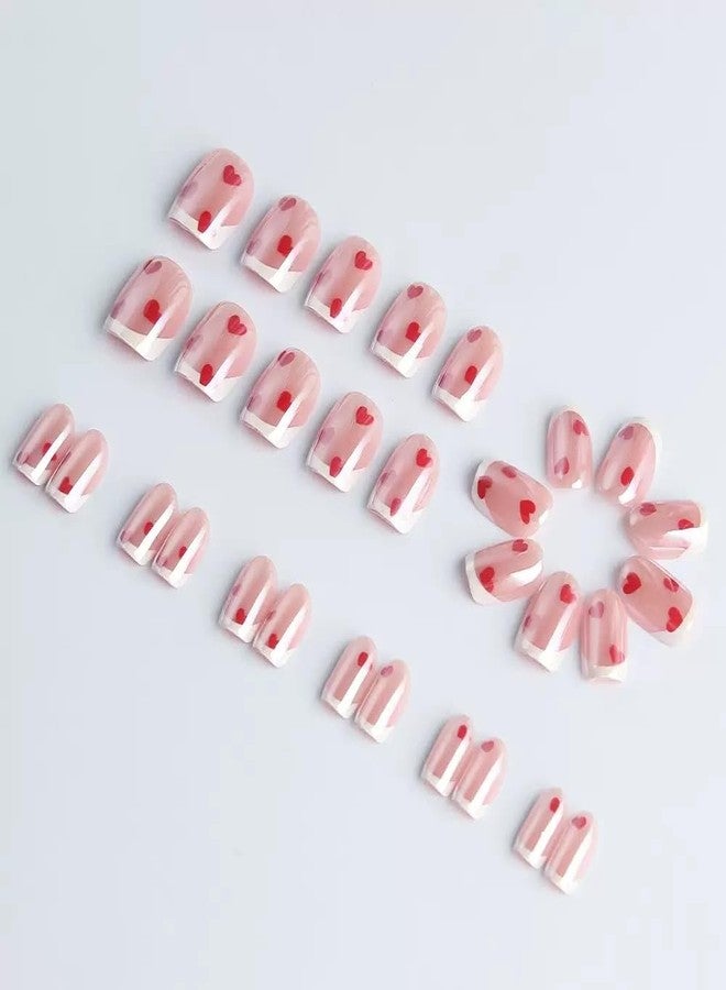 Sevgob Press on Nails Valentines Short Square Fake Nails with Heart Design Love Glue on Nails Reusable Full Cover Nails for Women Girls Manicure 24pcs BAQ10 - Image 4